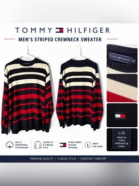 Tommy Hilfiger Men’s Large Striped Crewneck Sweater Navy Red Cream Flag Logo